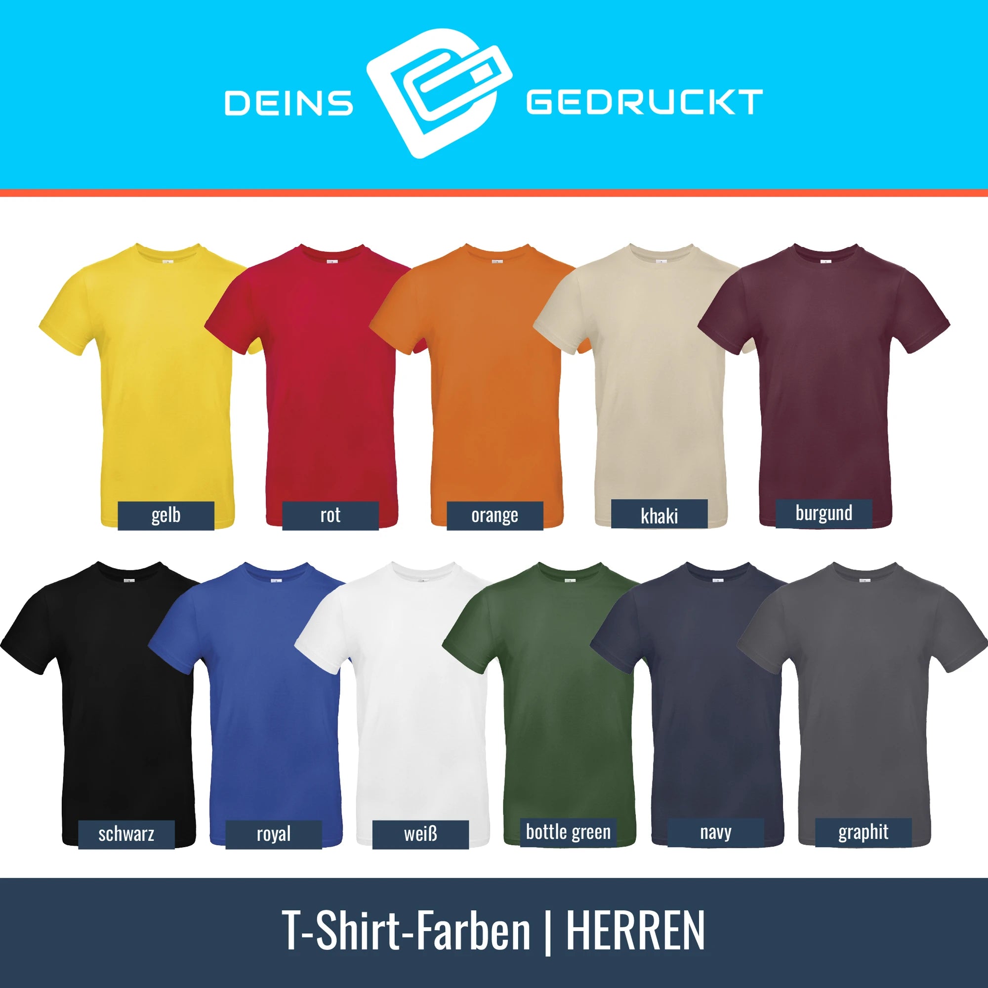 T-Shirt Farbübersicht für Herren – 11 Farben zur Auswahl für individuelle Drucke